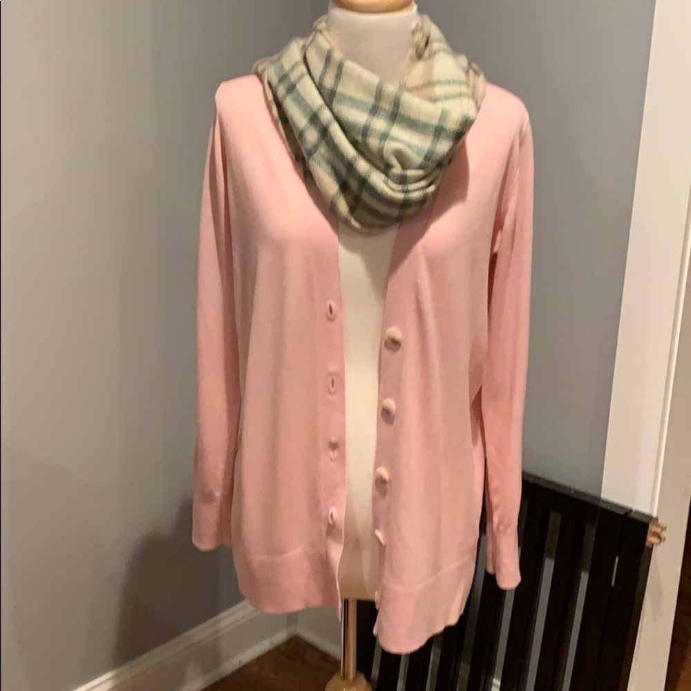 LOFT Pink Cardigan with Plaid Scarf